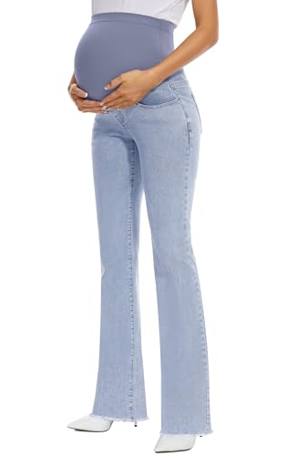 GLAMIX Women's Stretch Maternity Bootcut Jeans with Pockets Over The Belly Bell Bottoms Flare Denim Pants Pregnancy Clothes - color: Light Blue (Frayed Hem), size: Medium
