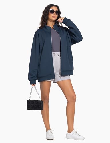 THE GYM PEOPLE Women's Oversized Zip Up Sweatshirts Fleece Mock Neck Jacket - color: Navy Blue, size: X-Large