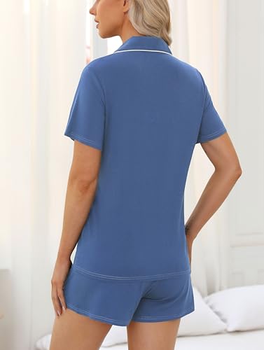 Samring Womens Pajamas Set Short Sleeve Button Down Sleepwear 2 Piece Pjs - color: Blue, size: Large