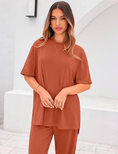 Totatuit Two Piece Sets For Women Vacation Oversized Loungewear Outfits - color: Brick Red, size: X-Small
