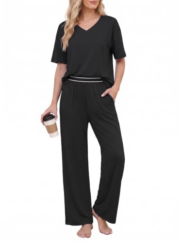 OUGES Women's Pajama Sets Lyocell Cotton Lounge Set Short Sleeve Soft Loungewear Casual Summer Travel 2 Piece Outfits - color: Black, size: Large