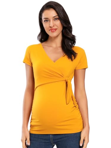 Glampunch Maternity Shirts Short & Long Sleeve Wrap Maternity Tops - color: Mustard, size: Small