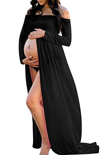 Maternity Off Shoulder Chiffon Gown Long Sleeve Front Split Maxi Photography Dress for Photoshoot - color: Black, size: X-Large