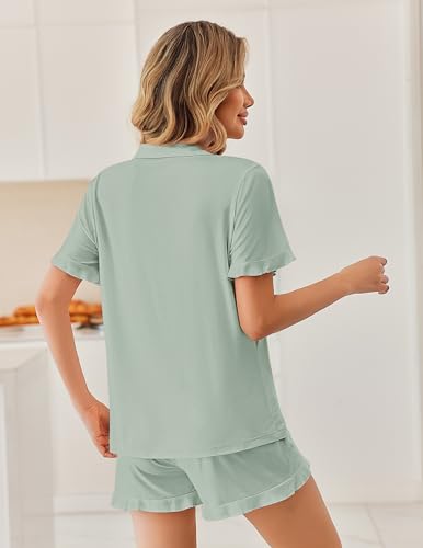 Ekouaer Pajamas Set for Women Button Down Pjs Lounge Sets Ruffle Sleepwear - color: Light Green, size: XX-Large