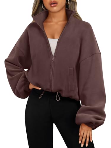 AUTOMET Womens Fleece Jackets Zip Up Oversized Cropped Sweatshirts - color: Brown, size: Medium