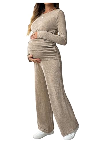 OYOANGLE Women's Maternity Sets 2 Piece Fall Long Sleeve Top and Pants Set - color: Apricot, size: X-Large