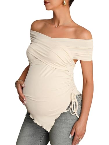 MakeMeChic Women's Maternity Summer Clothes Short Sleeve Off The Shoulder Wrap Ruffle Ruched Tops - size: X-Large