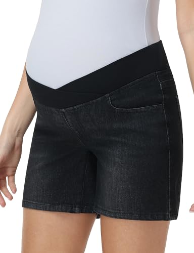 Foucome Women's Maternity Jean Shorts Under the Belly - color: Wash Black, size: X-Large