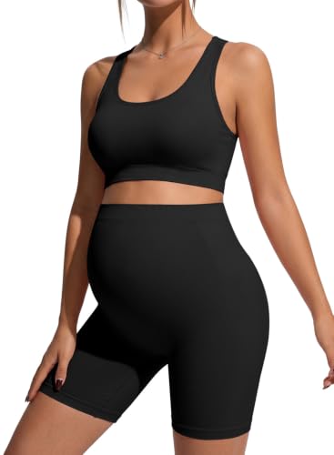 BLENCOT Maternity Workout Sets Pregnancy Yoga Ribbed Tank Tops with Bra - color: Black, size: Small