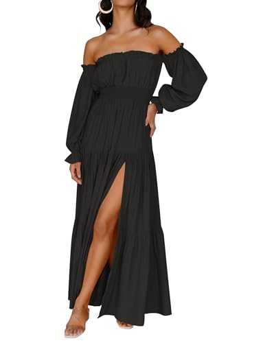 ZESICA Womens Fall Long Sleeve Boho Off Shoulder Maxi Dresses - color: Dark Black, size: XX-Large