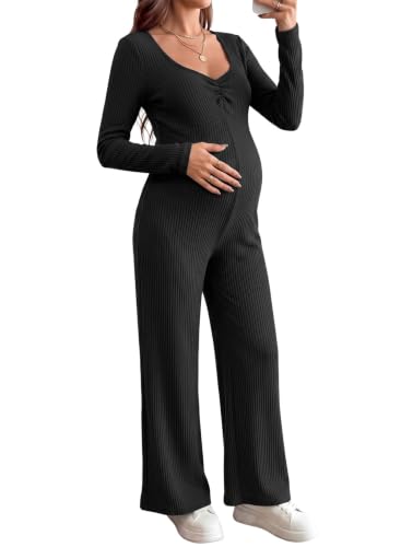 BLENCOT Maternity Ribbed Jumpsuit Long Sleeve Square Neck Stretchy Romper - color: Black, size: Large