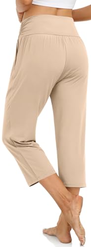 UEU Women's Yoga Capri Pants Loose Soft Drawstring Workout Sweatpants - color: Capris, Beige, size: Medium