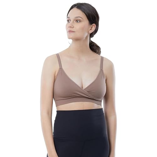 Ingrid & Isabel Cooling Crossover Nursing Bra - Wireless Seamless Postpartum and Maternity Bra for Breastfeeding - color: Deep Taupe, size: Medium