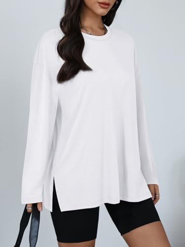 Trendy Queen Womens Oversized Side Slit Long Sleeve Shirts Fall Tops - color: White, size: Small