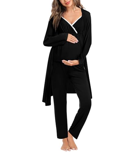 SWOMOG Maternity Nursing Robe Set 3 Piece Breastfeeding Pajamas 3 in 1 Labor Delivery Sleevless Tops&Long Pants Pregnancy Pjs - color: Black, size: Large