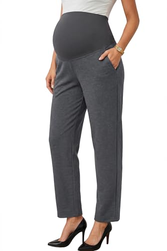 OUGES Women's Over Belly Straight Leg Maternity Pants with Pockets - color: Deep Grey, size: XX-Large