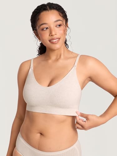 MOMANDA Ribbed Nursing Bras for Breastfeeding - color: Warm Sand Heather, size: Large