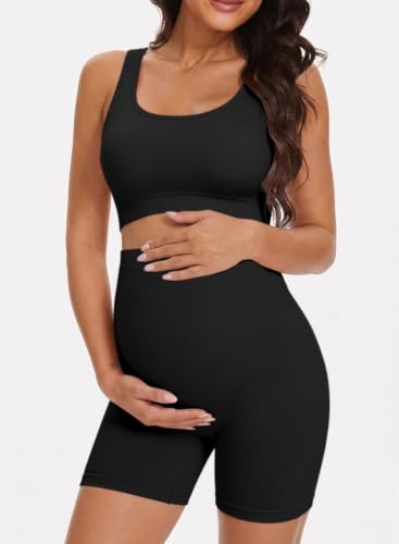 BLENCOT Maternity Workout Sets Pregnancy Yoga Ribbed Tank Tops with Bra - color: Black, size: Medium