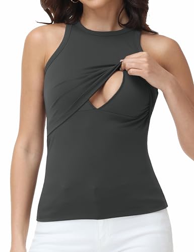 V VOCNI Racerback Nursing Tank Tops Sleeveless Breastfeeding Shirt - color: Grey, size: Medium