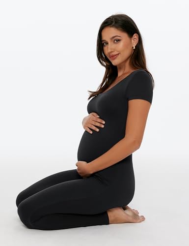 POSHDIVAH Maternity Jumpsuit Romper Leggings Short Sleeve - color: Black, size: XX-Large