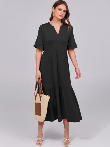 ANRABESS Womens Summer Casual Maxi Dresses Ruffle Short Sleeve Dress - color: Black, size: Medium