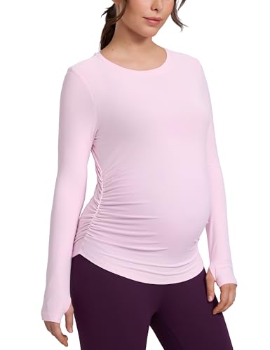 CRZ YOGA Maternity Side Ruched Tops - color: Pink Peony, size: Large