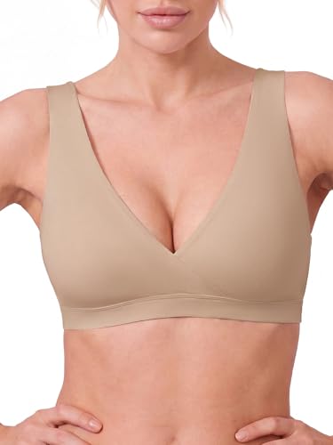Nursing Bra for Breastfeeding Wireless V Neck Sleep Bra - color: Beige, size: X-Large