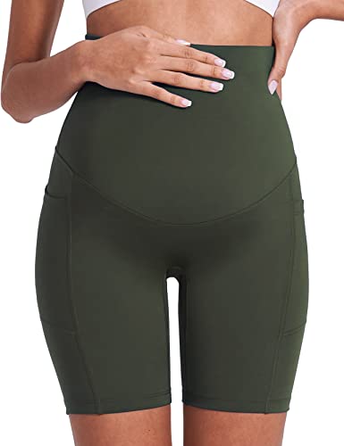 Enerful Maternity Biker Shorts with Pockets 8"/5" - color: Black + Dark Green 8", size: Medium