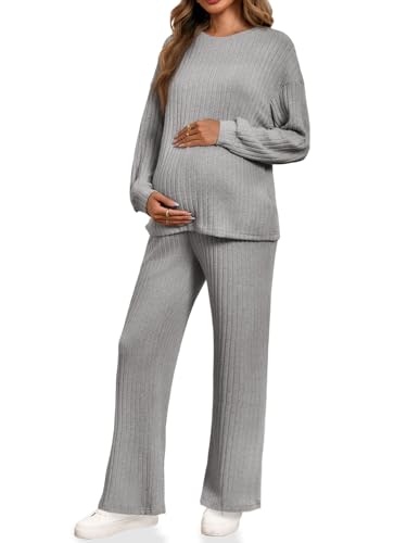 Yousify Womens Maternity Pajamas Sets 2 Piece Outfits Ribbed Knit Lounge Set - color: Grey, size: Medium