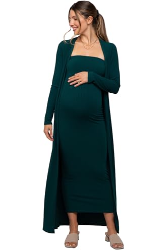 PinkBlush Ribbed Sleeveless Dress Cardigan Maternity Set - color: Forest Green, size: Medium