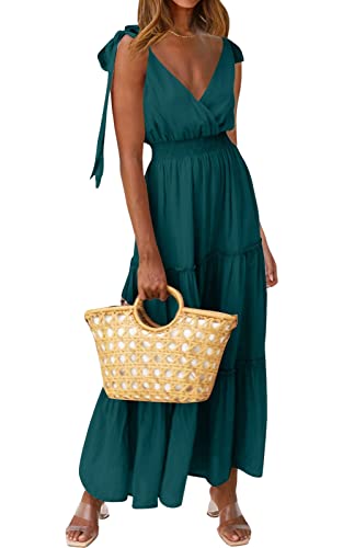 PRETTYGARDEN Women's Cross Neck Summer Sleeveless Tiered Maxi Dress Beach Tie Strap Smocked Long Dresses Pleated Sundress - color: Blue Green, size: Large
