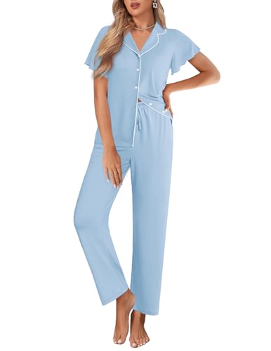 Ekouaer Pajamas for Women Set Ruffle Sleeve Button Up with Long Pants - color: Light Blue, size: X-Large