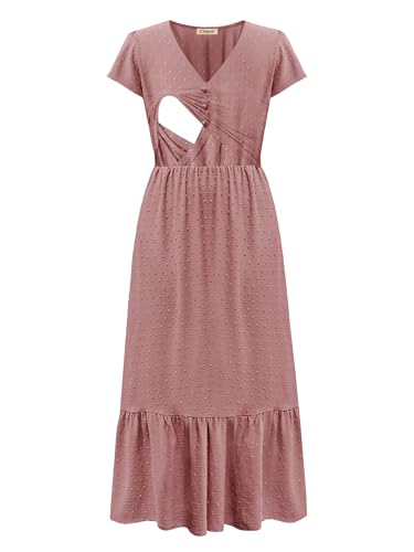 CzzzyL Women Nursing Dresses Cap Short Sleeve V Neck Swiss Dot with Pockets - color: S-pink, size: Medium