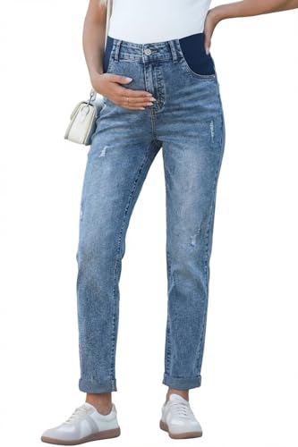 BLENCOT Maternity Jeans High Rise Stretchy Waistband Straight Leg - color: Beau Blue, size: Small