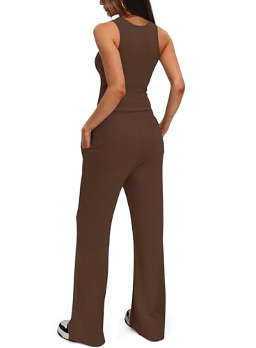 Darong Women's 2 Piece Summer Outfits Sleeveless Matching Lounge Sets - color: Coffee, size: Large