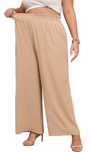 Lastshe Women's Plus Size Wide Leg Pants Elastic High Waist Hide Drawstring Loose Work Pants Palazzo Trousers with Pockets - color: Khaki, size: 1X
