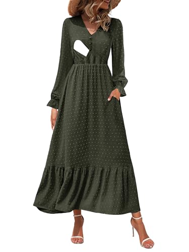 CzzzyL Women Nursing Boho Maxi Dress Swiss Dot Smocked with Pockets - color: S-green, size: Small