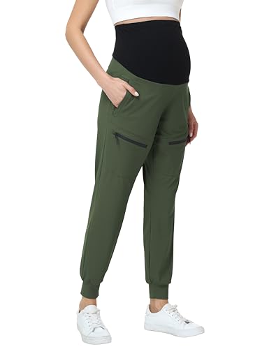 Foucome Women's Maternity Cargo Joggers with 4 Zipper Pockets - color: Army Green, size: X-Large