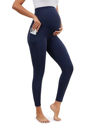 SEVEGO Tall Women's 32/34/36 Inseam Maternity Leggings Over The Belly Pregnancy Yoga Pants Workout Active Wear - color: Navy Blue, size: Medium