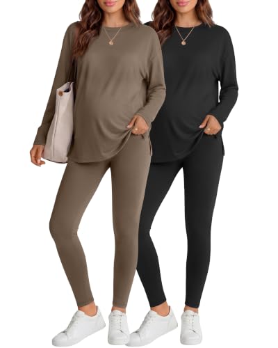 Neer 2 Pack Maternity Pajama Sets 2 Piece Outfits - color: Coffee, Black, size: Large