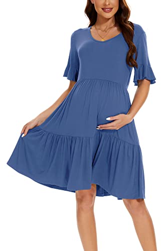 Smallshow Women's Maternity Dress Ruffle Short Sleeve Pregnancy Clothes - color: Grey Blue, size: Medium