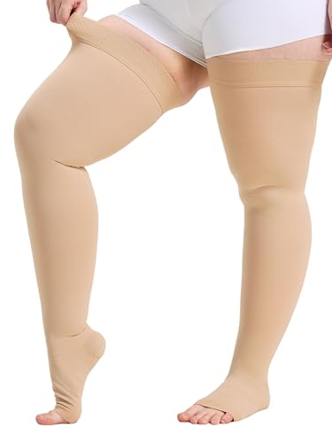 TOFLY Open Toe Thigh High Compression Socks 20-30mmHg for Women and Men - color: 20-30mmhg Open-toe Beige, size: 5X-Large