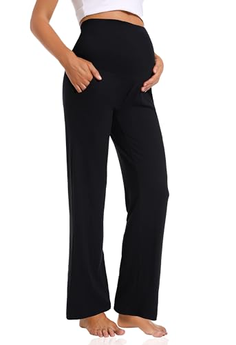 Foucome Women's Maternity Pants Wide Leg Pregnancy Work Pants - color: Black, size: X-Large