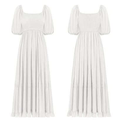R.Vivimos Women's Summer Square Neck Smocked Slit Maxi Dress - color: White, size: X-Large