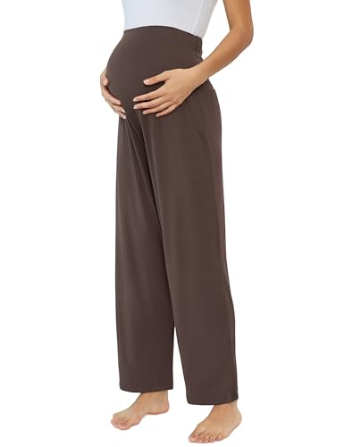 Joyaria Bamboo Viscose Maternity Sweatpants Over Belly Lounge Pants - color: Chocolate, size: Medium