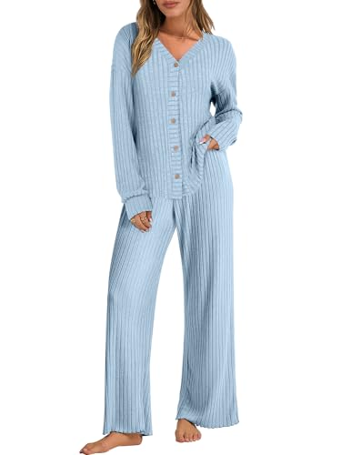 ANRABESS Womens Lounge Set 2 Piece Pajama Sets Ribbed Knit Matching Set - color: Light Blue, size: Large