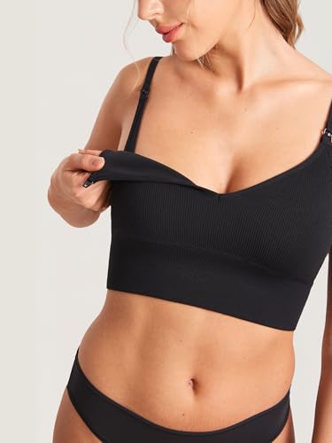 MOMANDA Ribbed Longline Nursing Bras - color: Black, size: Medium