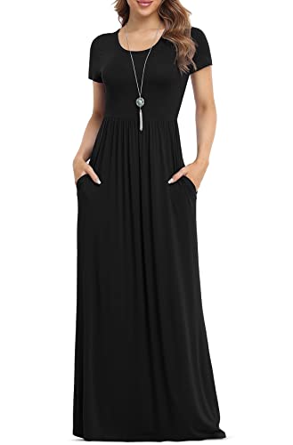 VIISHOW Women's Short Sleeve Loose Plain Maxi Dresses Casual Long Dresses with Pockets - color: Black, size: Small
