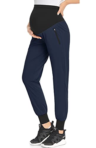 POSHGLAM Women's Maternity Joggers Casual Quick-Dry Active Pregnancy Scrub Pants - color: Dark Navy, size: Large