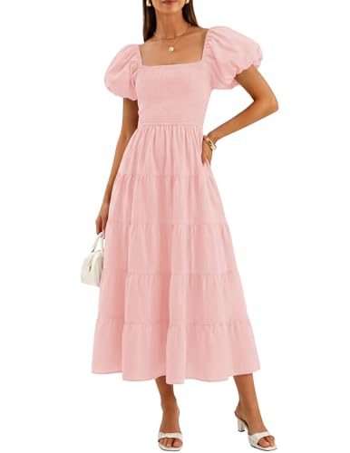ZESICA Women Summer Puff Sleeve Boho Wedding Guest Midi Dress - color: Pink, size: Large